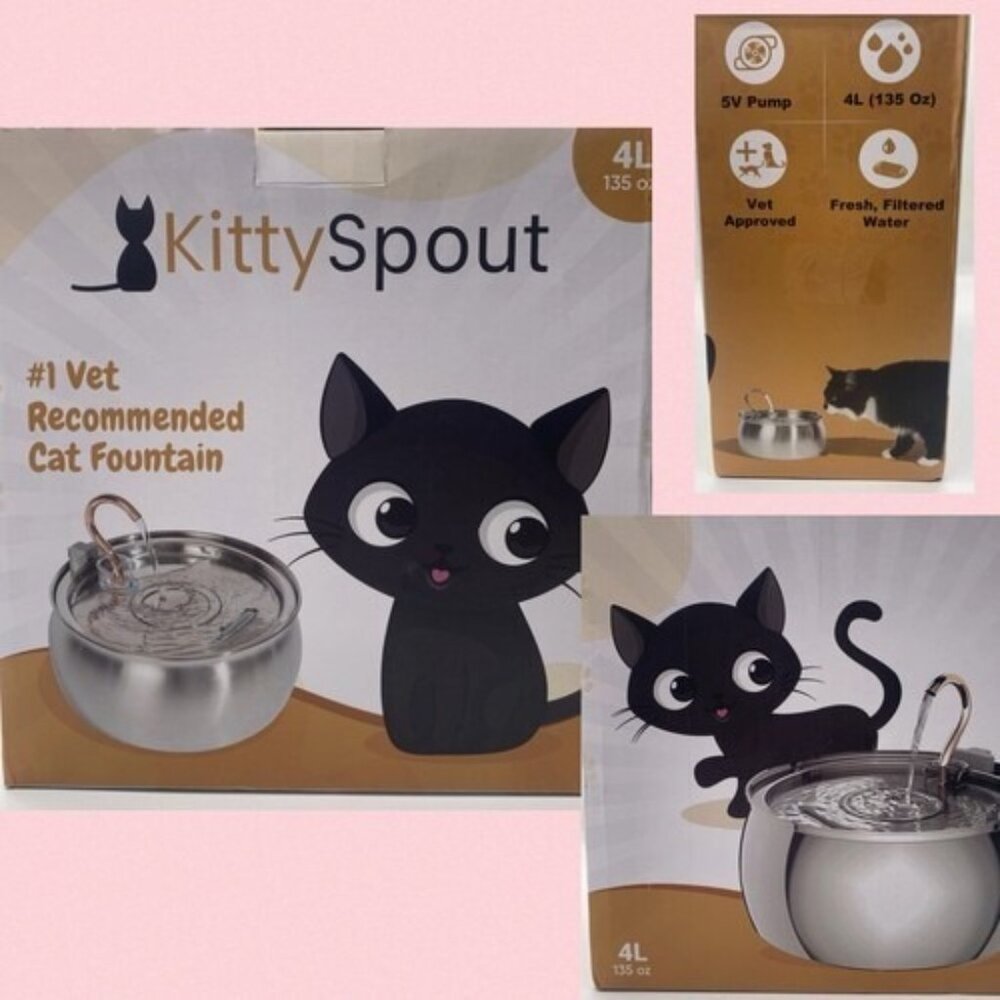 Stainless Steel Kitty Spout Cat Water Fountain 2.0, 4L 135oz PET BOWL NIB ATL